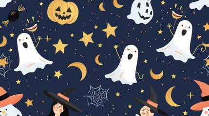 Halloween pattern with whimsical witches, friendly ghosts, and starry night sky on a navy blue background