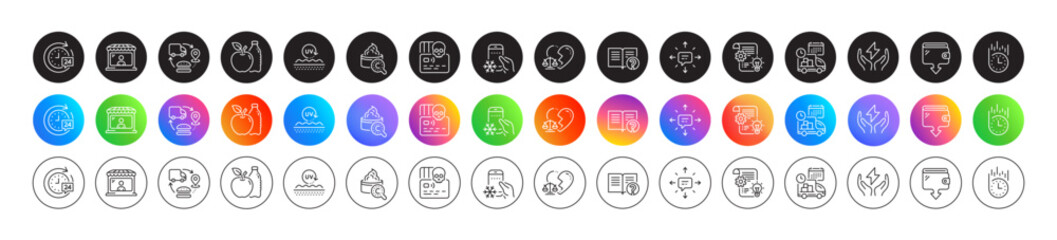 Fast delivery, Apple and Cyber attack line icons. Round icon gradient buttons. Pack of Refrigerator app, Safe energy, Wallet icon. Cogwheel, Uv protection, Market seller pictogram. Vector