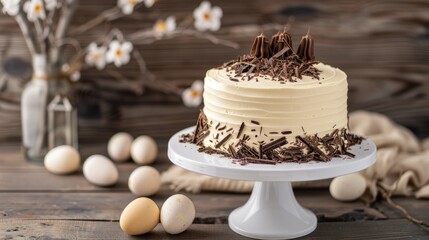 A close-up of a chocolate cake decorated with white chocolate eggs and chocolate shavings on a white cake stand