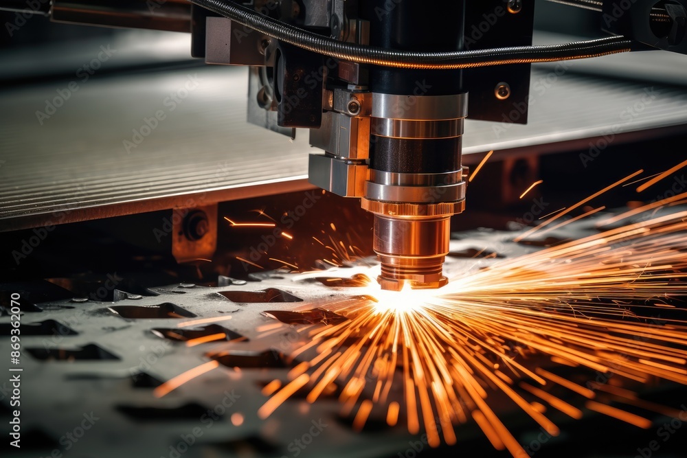 Aufkleber close-up of cnc laser cutting machine producing sparks while working on a metal piece