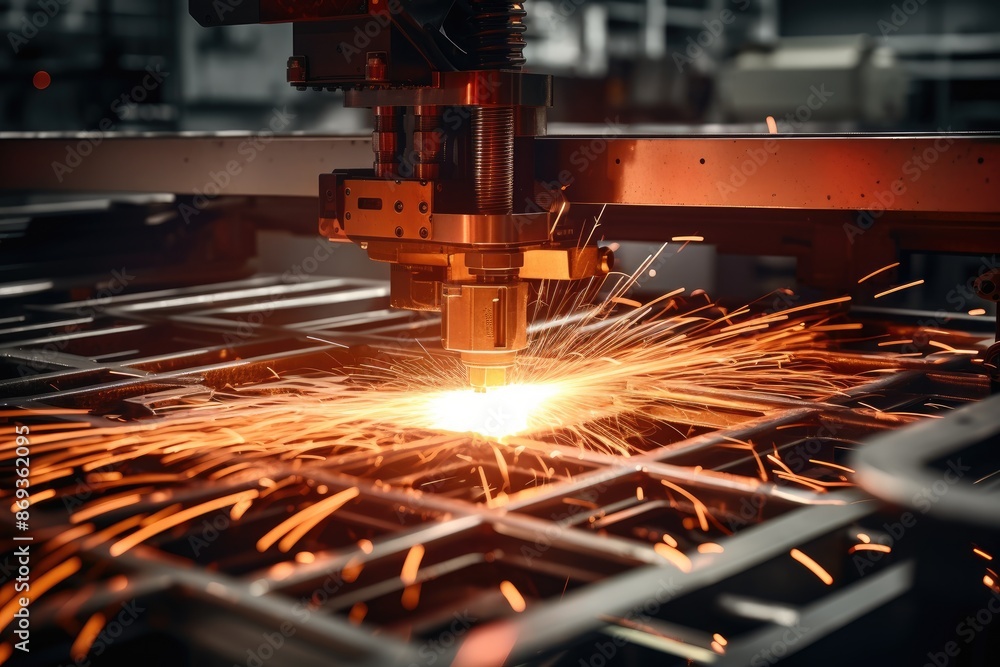 Aufkleber close-up of cnc laser cutting machine producing sparks while working on a metal piece