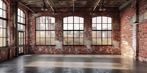 Fototapeta premium Empty industrial loft with large windows, exposed brick walls and polished concrete floor