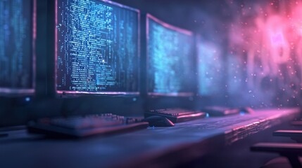 Cybersecurity monitoring room with multiple computer screens displaying blue data code in a hightech environment