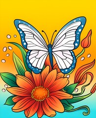 Happy Butterfly And Flower Coloring Book. Black and white Moth vector illustration for children coloring page.