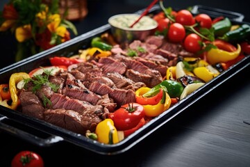 Grilled steak slices with colorful assorted vegetables on a black serving tray.
