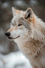 Fototapeta premium International Wolf Day. Vertical banner. Head of a white wolf on a gray background. Wildlife conservation concept. Environmental protection, animal protection