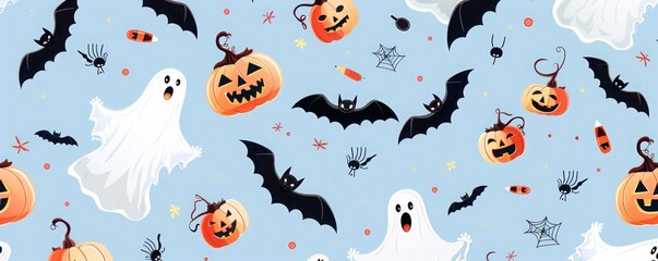 Halloween pattern with playful ghosts, bats, and jack-o'-lanterns on a light blue background