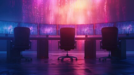 Dark cybersecurity command center with multiple monitors and digital code background