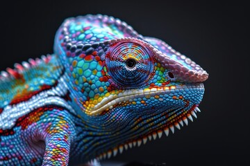 Naklejka premium Close-up of a chameleon's face showcasing its brightly colored and patterned skin.