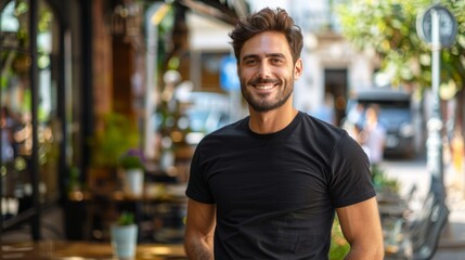 Fototapeta premium Handsome Male Model Wearing Black T-shirt in Urban Cafe Setting