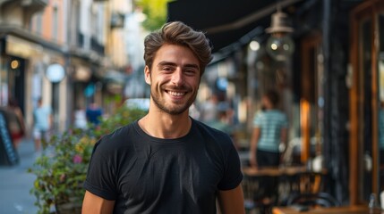 Handsome Male Model Wearing Gildan 64000 Black T-Shirt Mockup in Full Sunlight at Street Cafe