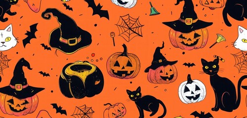 Halloween pattern with mischievous pumpkins, black cats, and witches' hats on an orange background