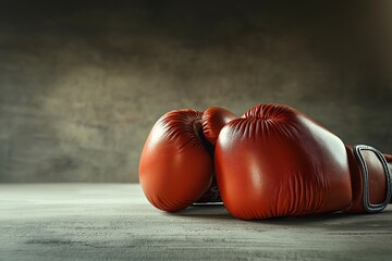 A pair of red boxing gloves resting on a light wooden surface, evoking themes of athleticism, dedication, and training, perfect for sports and fitness stock photography.