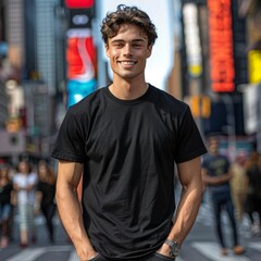 Fototapeta premium Handsome Male Model in Gildan 64000 Black T-Shirt Mockup Smiling in Times Square, NYC under Full Sunlight - Ultra HD Sony Alpha 1 Photo