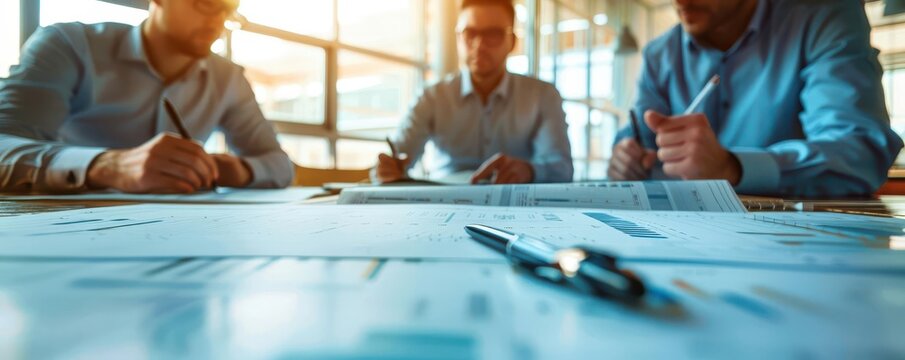 A close-up of a hopeful business team strategizing on a project, with a focus on rich colors and ample copy space. Double exposure silhouettes incorporate elements of the project plans.