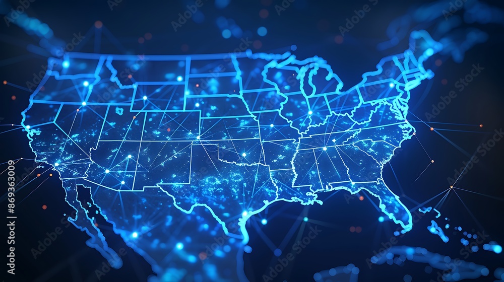 Poster digital map of the united states with glowing data points and lines connecting cities, symbolizing g