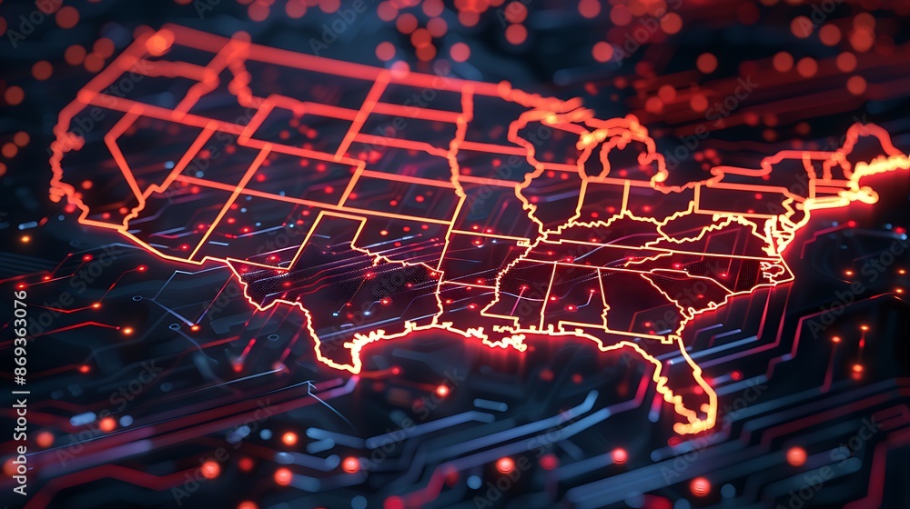 Aufkleber 3d map of the united states made of glowing red lines on a dark background in the form of an electro