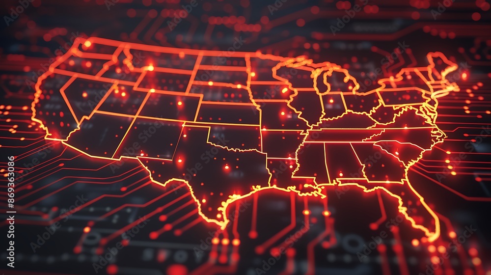 Poster 3d map of the united states made of glowing red lines on a dark background in the form of an electro
