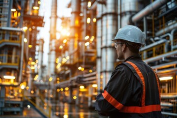 Obraz premium Process engineer in oil refinery close up, focus on, copy space bright pipes, Double exposure silhouette with refinery infrastructure