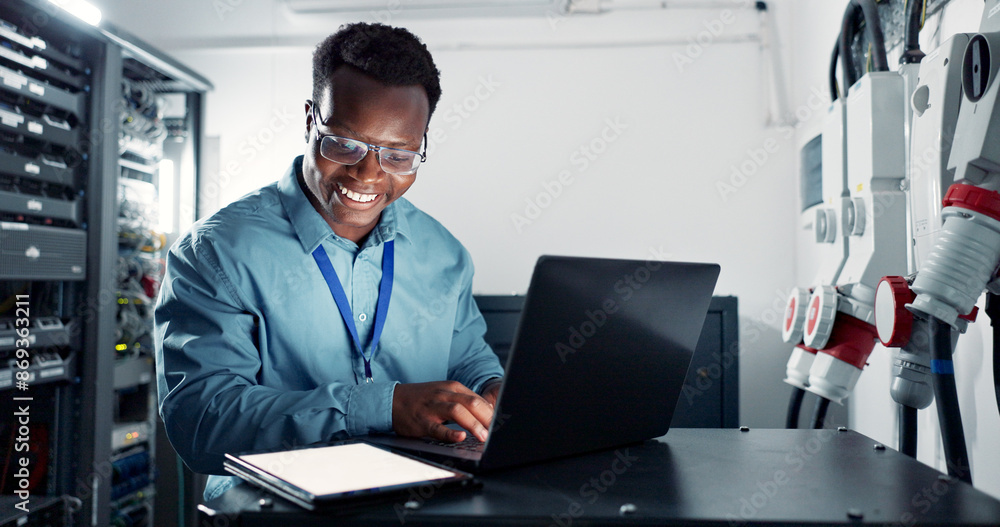 Poster Man, laptop and engineer coding in server room, firmwear update and programmer for cyber security. Developer, confident and IT support or upgrade network with tablet, database and data centre or tech