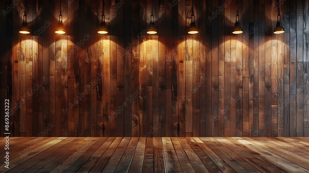 Poster a large wooden wall with several spotlights shining on it, creating an empty space for product displ
