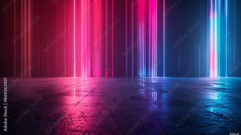 Poster 3d render, abstract background with neon light lines on black background. glowing colorful pink and 
