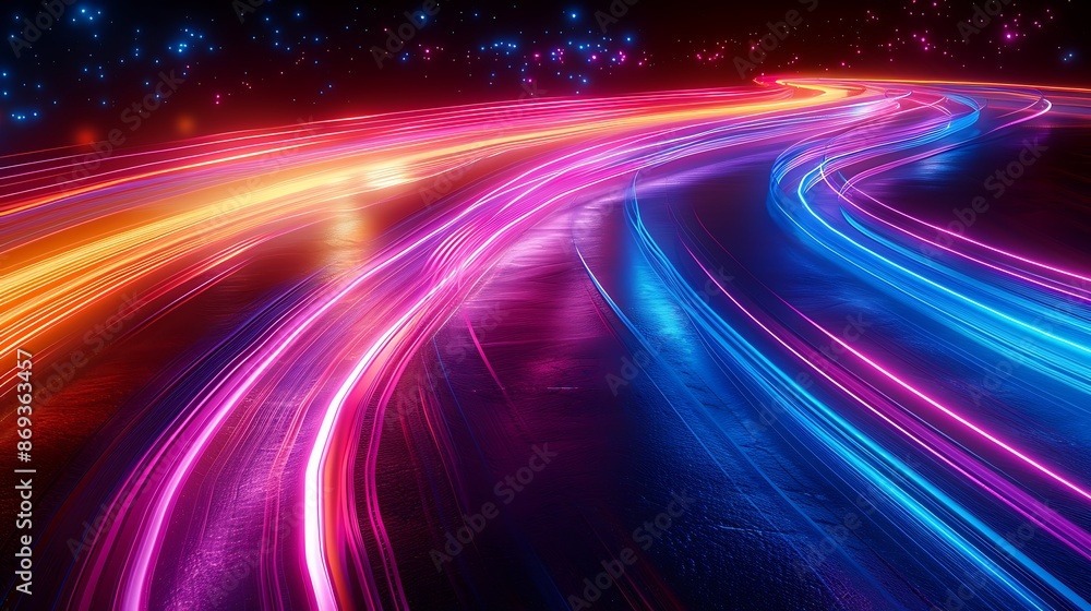 Poster abstract background with neon light trails, speed effect on black backdrop. glowing curved lines of 