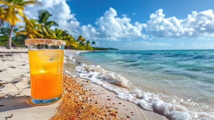 Tropical Orange Cocktail on Sandy Beach with Palm Trees and Ocean Waves
