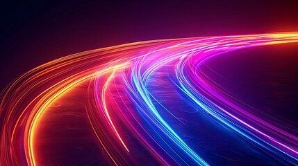 Abstract background with neon light trails, speed effect on black backdrop. Glowing curved lines of colored lights in motion, glowing streaks of colorful bright glow isolated. 