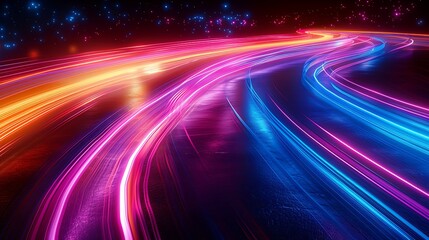 Abstract background with neon light trails, speed effect on black backdrop. Glowing curved lines of colored lights in motion, glowing streaks of colorful bright glow isolated.