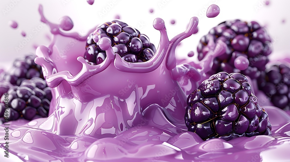 Poster a close-up of blackberries splashing in a vibrant purple liquid, creating a visually striking and re