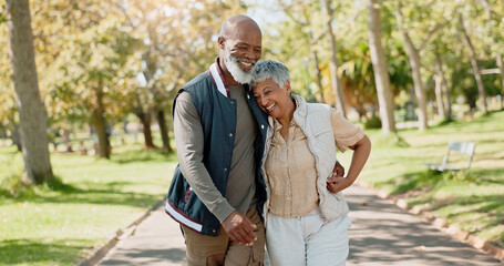 Love, happy and senior couple in park for walk, exercise and fitness in retirement in nature or...