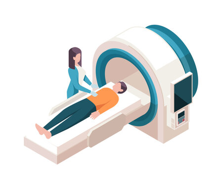 Isometric medical worker. Doctor examines patient using MRI or CT scanner. Treatment of diseases and healthcare. Therapist in clinic or hospital. 3D vector illustration isolated on white background