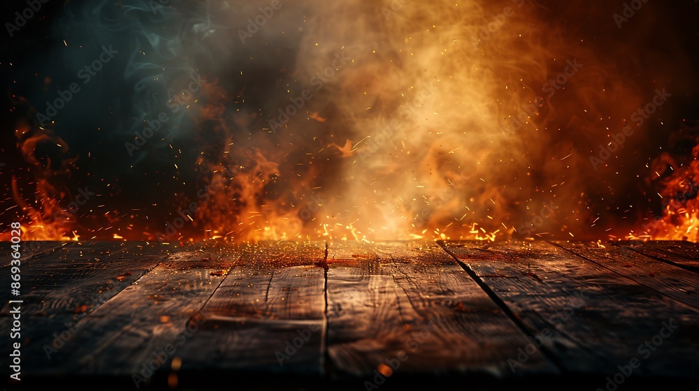 Poster the background is an empty wooden table with flames, sparks flying around it. the floor has no text 