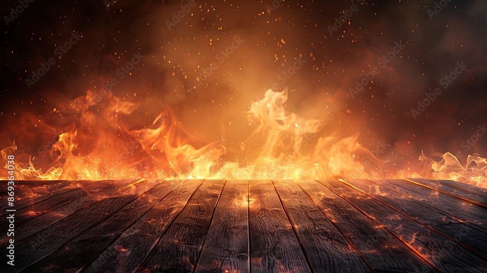 Poster the background is an empty wooden table with flames, sparks flying around it. the floor has no text 
