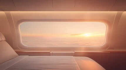 Luxurious cabin sunset view from airplane window tranquil aerial scenery for premium travel experience