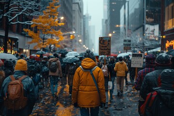 A Crowd of People Walking in the City During a Snowy Day