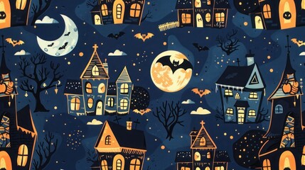 Halloween pattern with eerie haunted houses, bats, and full moons on a dark blue background