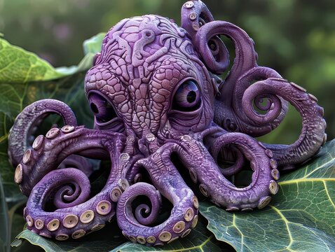 A shy, lavender monster with long, flowing hair, peeking out from behind a large, leafy plant, against a soft, green background