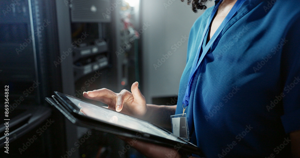 Aufkleber Engineer, hands and woman with tablet in server room, cyber security and firmwear update for gdpr with online programming. Developer, maintenance email and IT support, database and network info