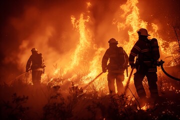 Obraz premium Firefighters Battling Wildfire at Night in a Forest