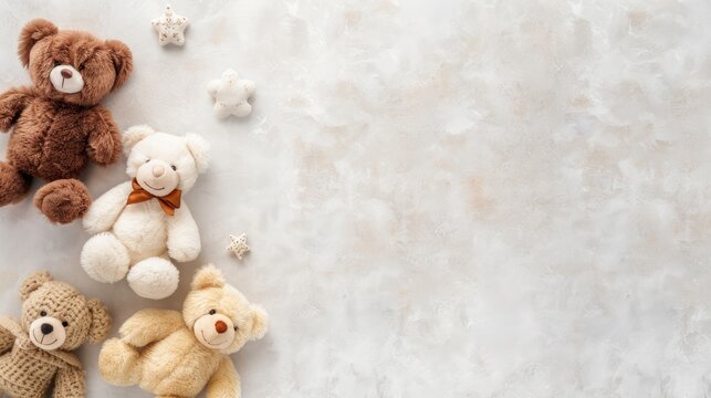 A group of plush toys, including bears, rabbits, and other animal shapes, are arranged in a vertical line against a neutral gray background