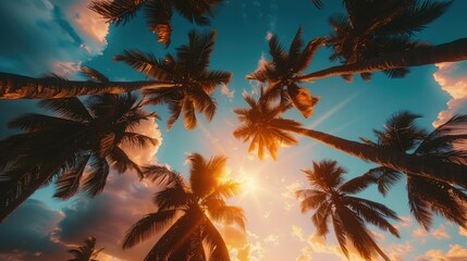 Vibrant palm tree silhouettes against a glowing sunset backdrop