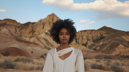 Woman in White Dress Against Desert Landscape