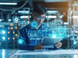 A businessman with a thoughtful expression, looking at a blueprint, against a blue and white patterned background
