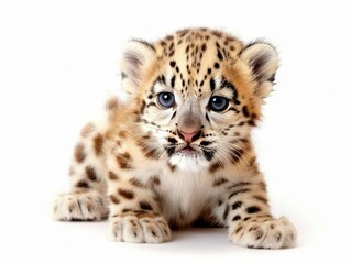 A baby snow leopard with a white coat and blue eyes, nestled in a snowy mountain peak, against a crisp white background