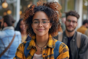 Fototapeta premium Young Woman With Curly Hair and Glasses Smiles In Urban Setting