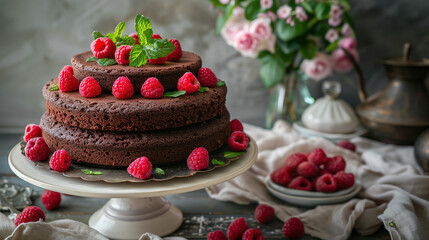 a paleo chocolate cake, garnished with fresh raspberries and mint leaves, served on a vintage cake stand in a cozy kitchen
