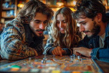 Fototapeta premium Three Friends Playing Board Game in Cozy Bar Setting