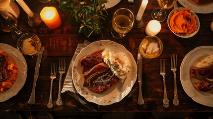 a main course of apple cider-glazed pork chops, accompanied by a side of mashed sweet potatoes, served on a dark wooden table with candlelight